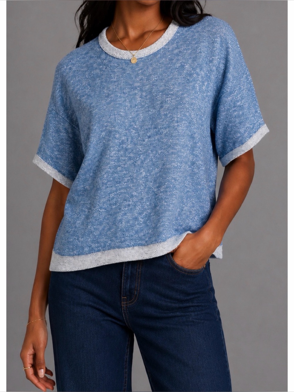 FOREVER 21 • Blue/White Marled Crewneck Short-Sleeve Sweater, S